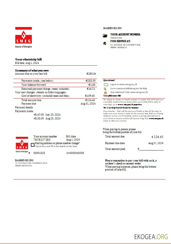 Modèle de facture de services publics d'électricité de la SMEG de Monaco aux formats Word et PDF